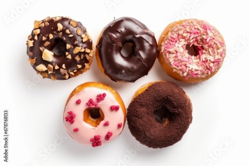 Delicious donuts isolated on white background, top view. Generative AI