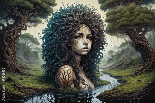 mind trick, liquid, dark curly lion dryad girl melting part of landscape, high detailed, high quality, colored ink art, realistic anime