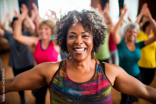 Middle-aged women enjoying a joyful dance class  candidly expressing their active lifestyle through Zumba with friends