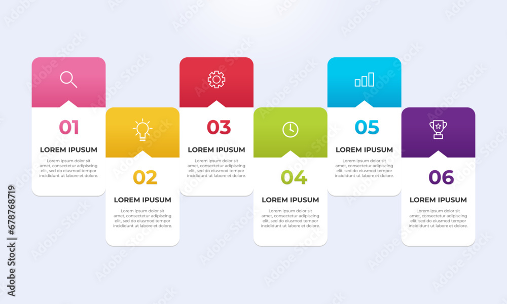 Infographic design template with icons and 6 options or steps. Timeline infographic design.