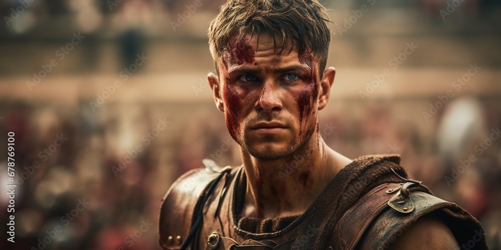 The intense eyes of a young gladiator, newly arrived at the Colosseum, reflect both fear and bravery as he gazes upon the grand arena for the first time, realizing the enormity of the challenge ahead
