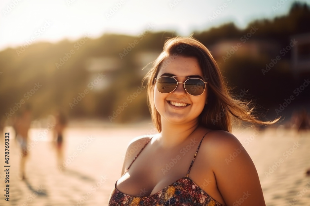 Happy chubby fat plus size woman in sunglasses on the beach at sunset, close-up portrait with bokeh Happy chubby fat plus size woman in sunglasses on the beach at sunset, close-up portrait with bokeh