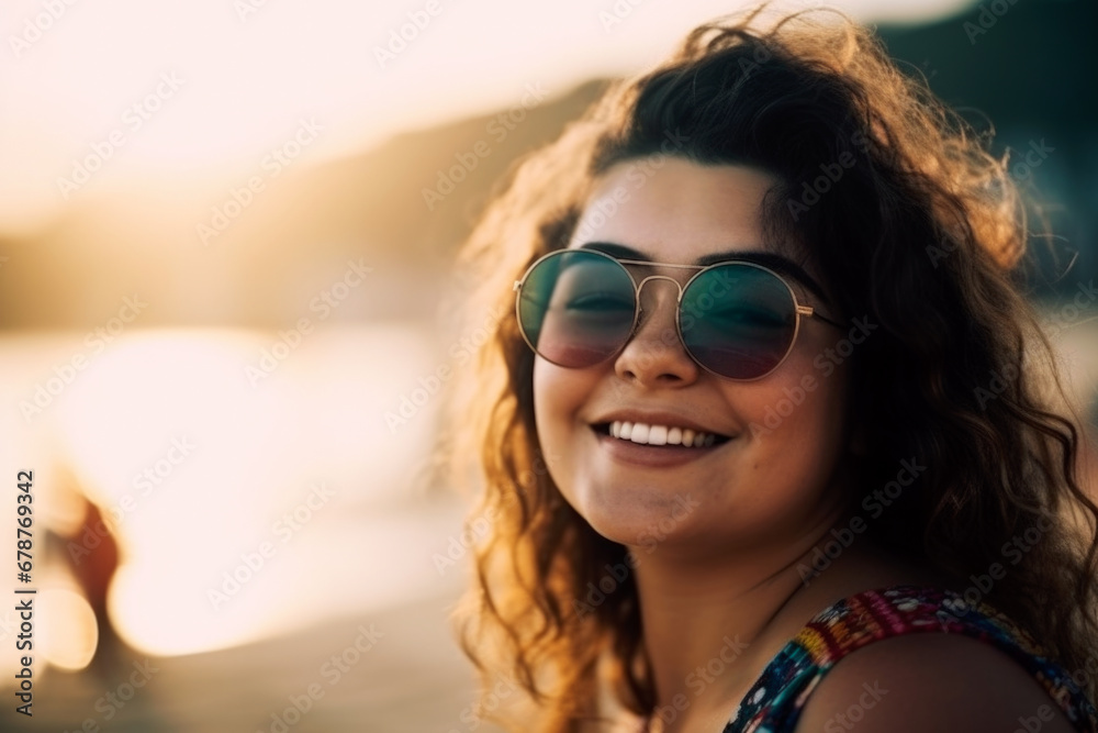 Happy chubby fat plus size woman in sunglasses on the beach at sunset, close-up portrait with bokeh Happy chubby fat plus size woman in sunglasses on the beach at sunset, close-up portrait with bokeh