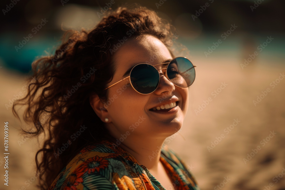 Happy chubby fat plus size woman in sunglasses on the beach at sunset, close-up portrait with bokeh Happy chubby fat plus size woman in sunglasses on the beach at sunset, close-up portrait with bokeh