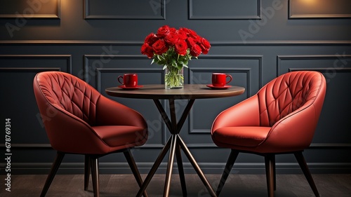 Dining room table and chairs decorated with a vase of red roses. elegant interior .