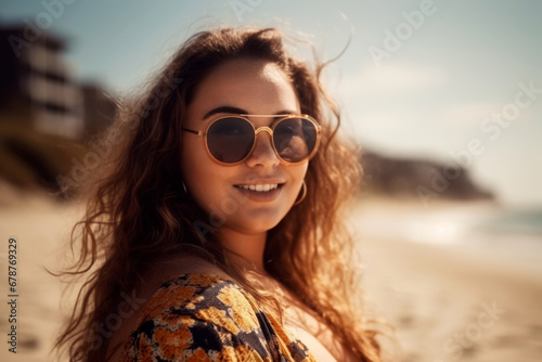 Happy chubby fat plus size woman in sunglasses on the beach at sunset, close-up portrait with bokeh