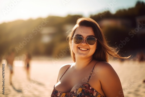 Happy chubby fat plus size woman in sunglasses on the beach at sunset, close-up portrait with bokeh