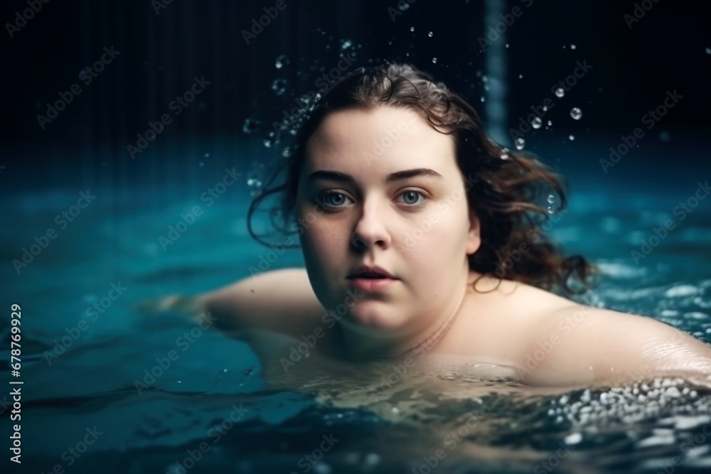 Fat chubby plus size woman swims in the pool, close-up portrait in the water Fat chubby plus size woman swims in the pool, close-up portrait in the water