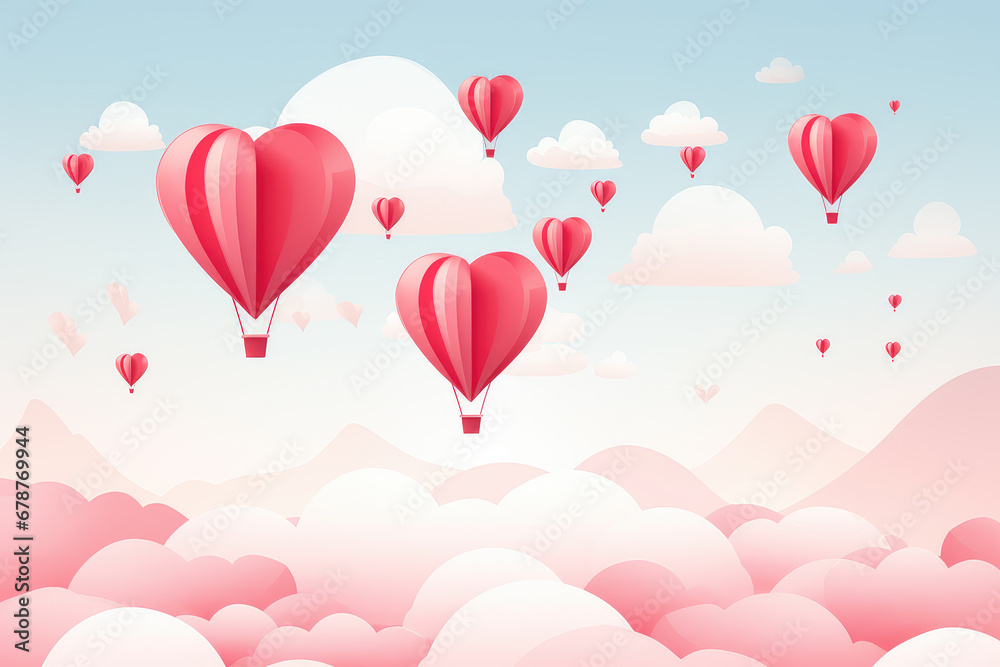 Heart-shaped balloons floating in the sky. Perfect for Valentine's Day or any festive celebration minimalist paper cut design in red pink and white creates a dreamlike atmosphere adding a touch of joy