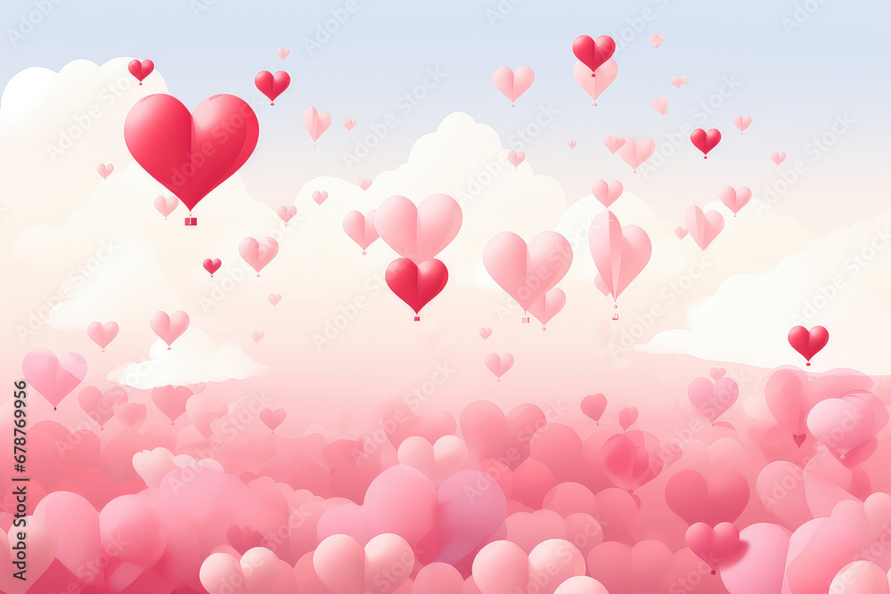 Heart-shaped balloons floating in the sky. Perfect for Valentine's Day or any festive celebration minimalist paper cut design in red pink and white creates a dreamlike atmosphere adding a touch of joy