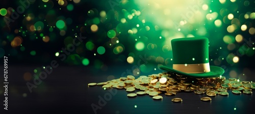 Shiny green hat, and gold coins on wooden table and bokeh green background St. Patrick's day concept, horizontal banner, copy space for text
