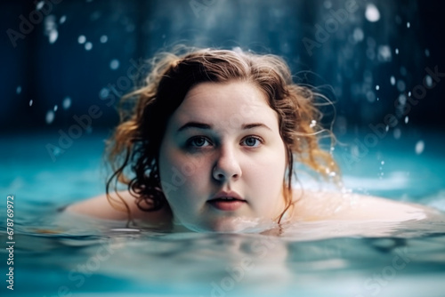 Fat chubby plus size woman swims in the pool  close-up portrait in the water