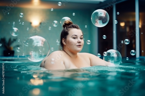Fat chubby plus size woman swims in the pool, close-up portrait in the water with soap bubbles