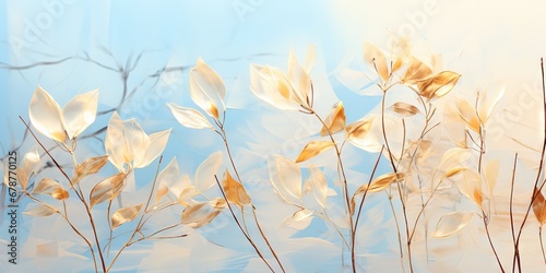 Abstract gentle natural transparent leaves, branches, flowers, with a cyber silverpoint impression. Great as wallpaper, background. Generative AI, AI