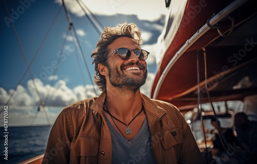 view from below of a young man with a beard standing on the yacht's nose.