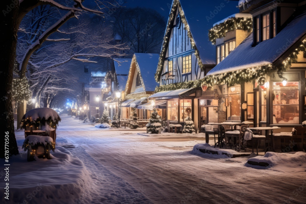 A Serene Winter Wonderland: The Village Square Blanketed in Freshly Fallen Snow on Christmas Eve