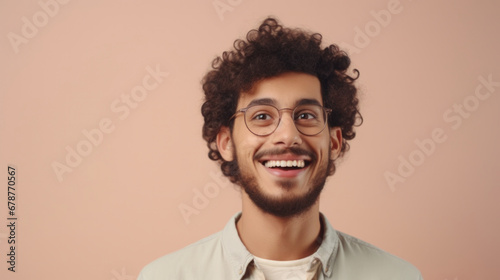 Cheerful young man with curly hair and glasses smiling on a beige background © Ai Studio