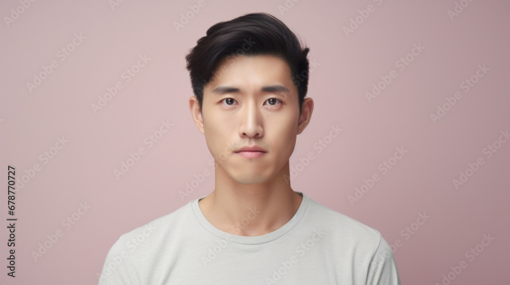 Confident young Asian man in a casual white tee, with a neat hairstyle, exudes charisma against a soft pink background Confident young Asian man in a casual white tee, with a neat hairstyle, exudes charisma against a soft pink background