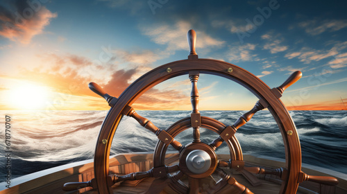 Ship's wheel against a vibrant sunset and tumultuous sea, symbolizing guidance and adventure