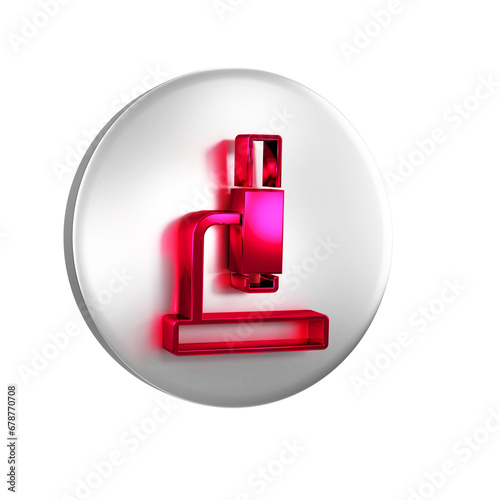 Fototapeta Naklejka Na Ścianę i Meble -  Red Microscope icon isolated on transparent background. Chemistry, pharmaceutical instrument, microbiology magnifying tool. Silver circle button.