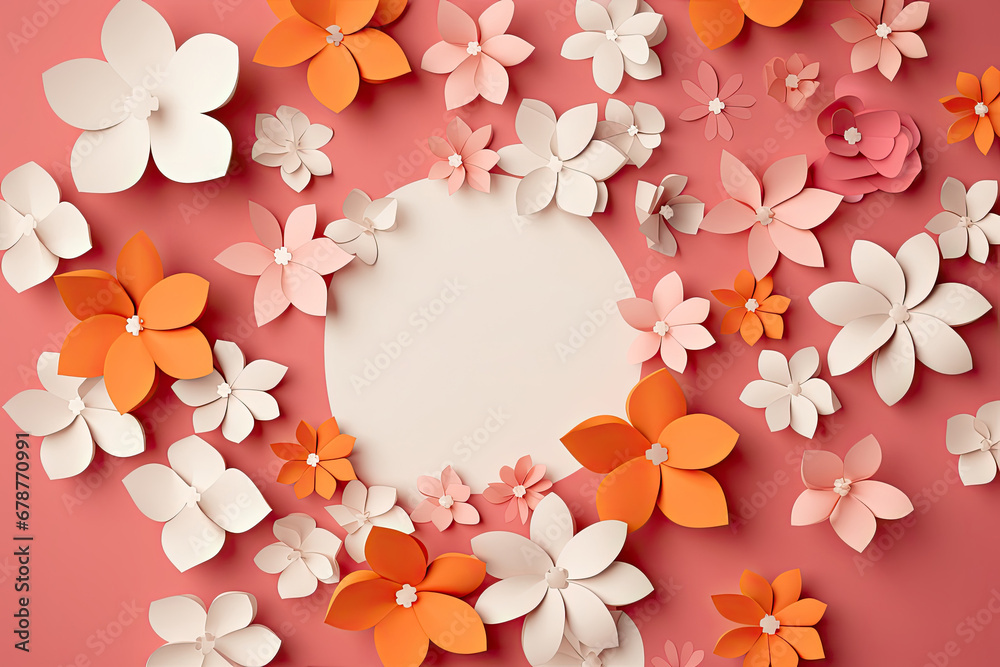 Pink simple floral background made of paper origami flowers.