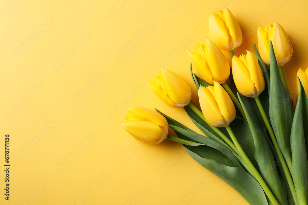 Empty clean solid yellow background with fresh yellow tulip flowers and copy space. Springtime holidays horizontal greeting card template