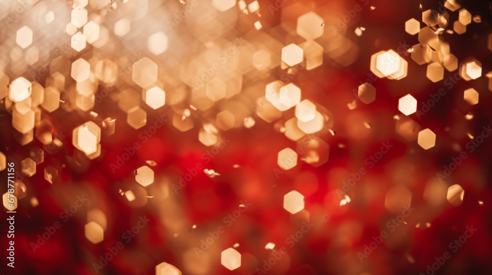Abstract red background with gold blurred dots for design. Stylish perfect golden bokeh. Background for Christmas, Valentine's day
