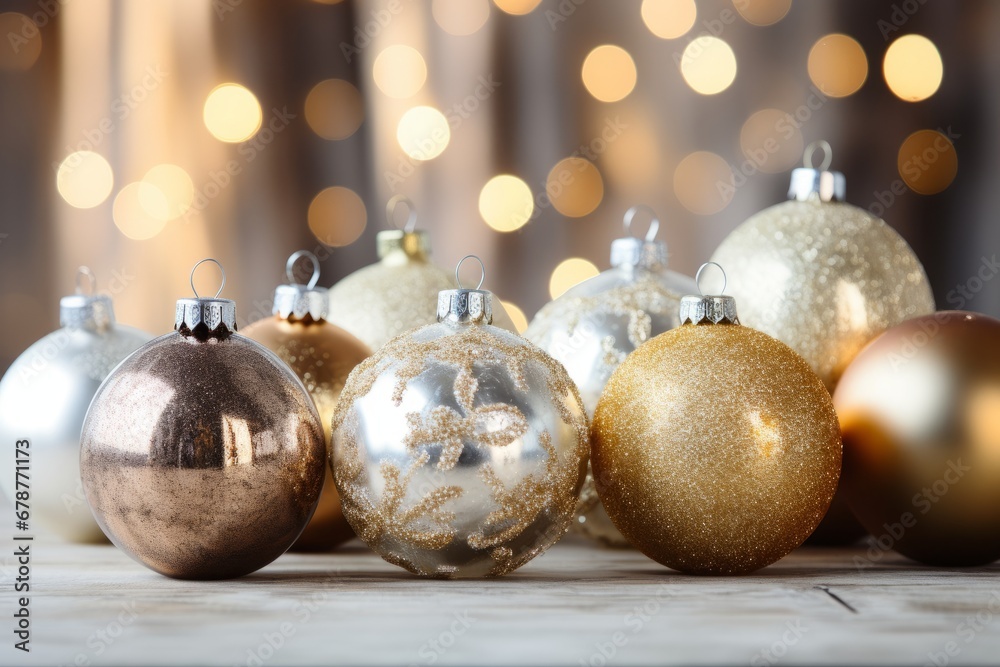 A Radiant Collection of Gold and Silver Christmas Baubles Illuminated by Twinkling Lights A Radiant Collection of Gold and Silver Christmas Baubles Illuminated by Twinkling Lights