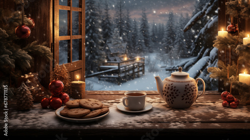 Festive Cabin Scene with Hot Cocoa and Cookies