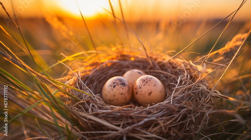 Easter eggs in a nest on the grass.