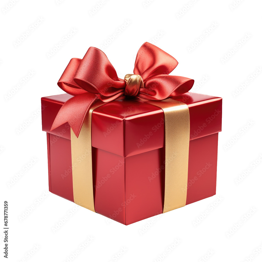 Obraz premium Close-up view of a red present box with a beautiful golden bow on a cut out PNG transparent background. Christmas present