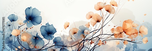 Abstract gentle natural transparent leaves, branches, flowers, with a cyber silverpoint impression. Great as wallpaper, background. Generative AI, AI