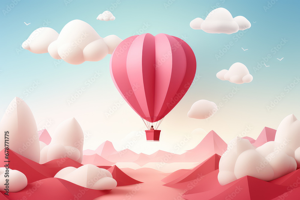 3D minimalist illustration of a floating balloon heart in pink, red, and white. Making it ideal for Valentine's Day or anniversary-themed designs.