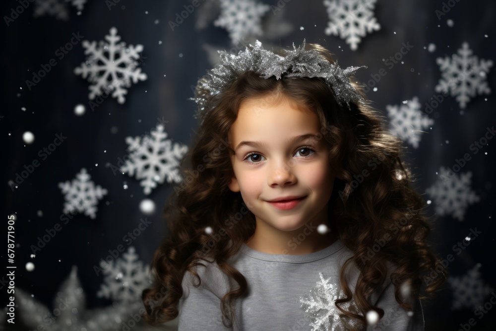 A Joyful Red-haired Kid Playing with Snowflake Props in a Silver Christmas Studio Setting
