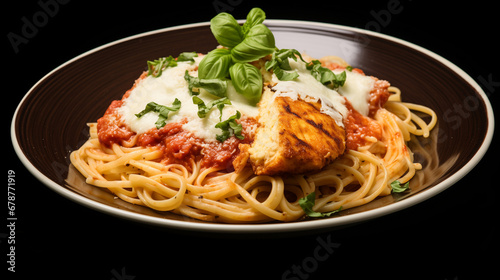 Chicken Parmesan with Spaghetti on Black Background