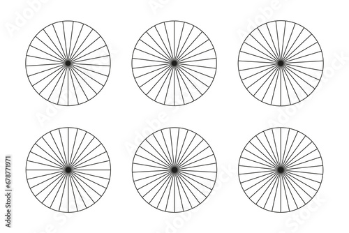 Collection of segmented charts isolated on a white background. Many number of sectors divide the circle on equal parts. Set of pie graphs. Outline thin graphics. Vector illustration.