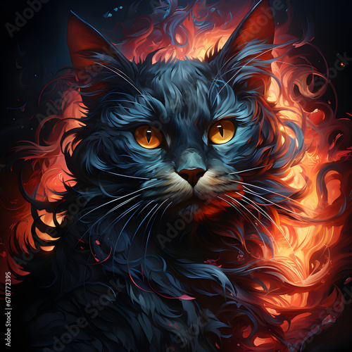 Black cat on fiery background. Generative AI