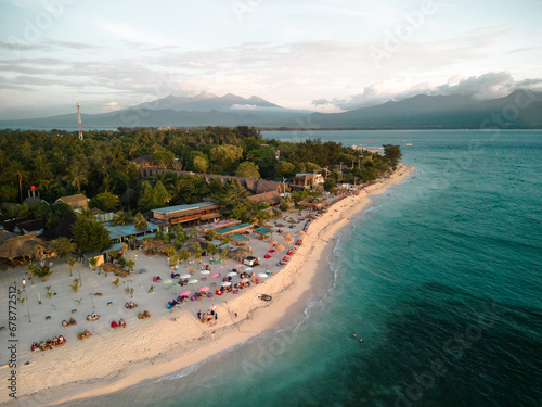Aerial Bliss: Gili Air, Bali's Exotic Island Paradise with Idyllic Beach Life, Blue Waters, and Romantic Sunsets. Your Tropical Honeymoon Retreat in Asia's Indonesia