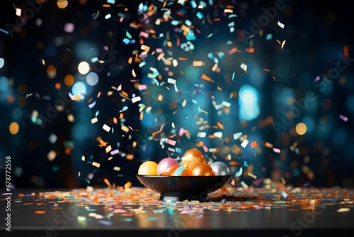 A lively display of colorful confetti strewn across a table in celebration of the New Year's Eve