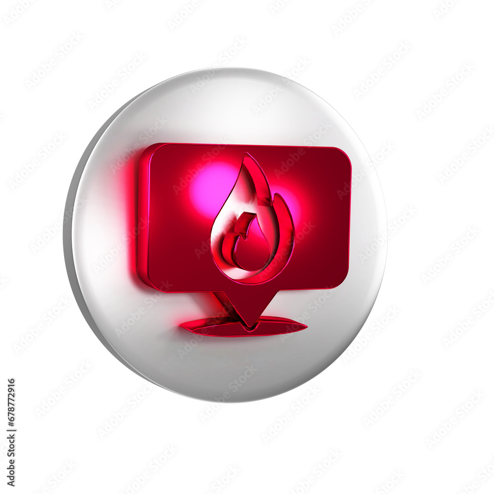 Fototapeta premium Red Map pointer with fire flame icon isolated on transparent background. Fire nearby. Silver circle button.