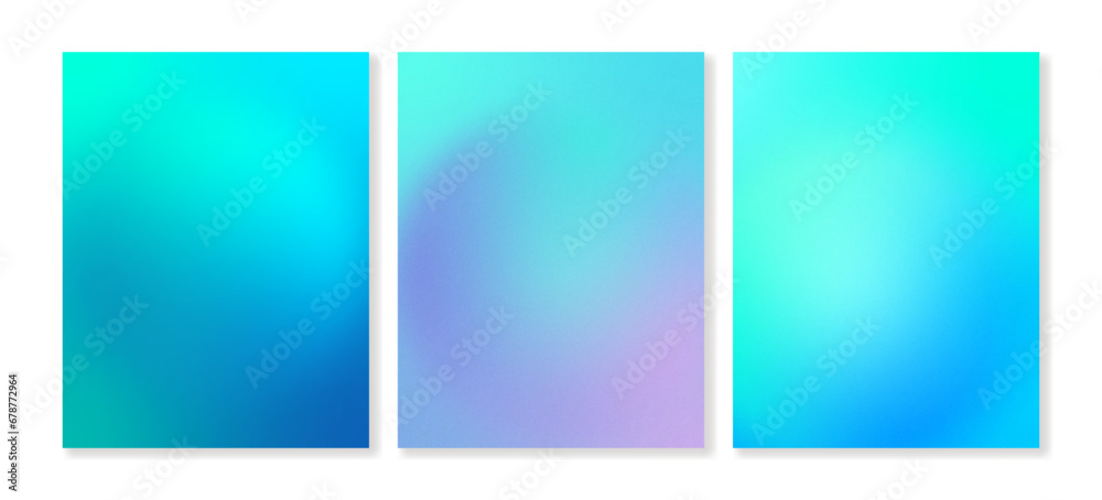 Set of grainy gradients backgrounds in blue, cyan and violet colors. For covers, wallpapers, branding and other projects. Vector, for web and printing.