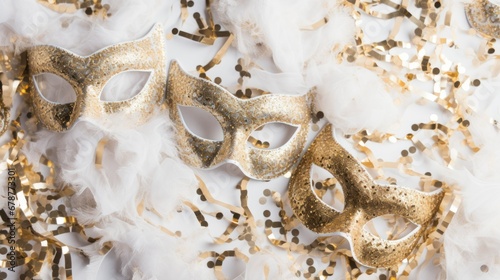Glam New Years Eve, Mardi gras carnival masquerade or party celebration background with golden Venetian carnival mask, feather and confetti on white. Festive carnival web banner