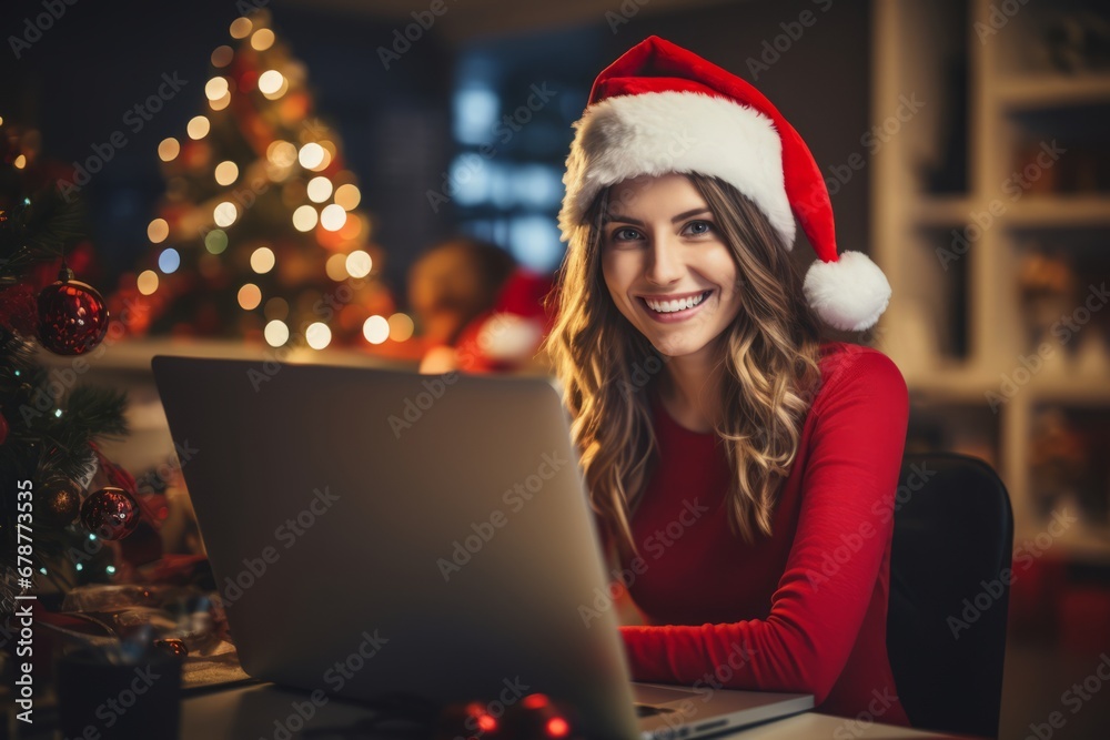A professional woman incorporating festive Christmas elements into her business's social media presence A professional woman incorporating festive Christmas elements into her business's social media presence