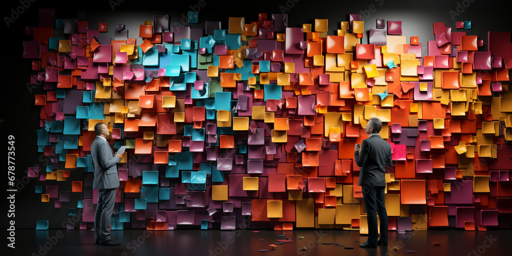human and cute artificial intelligence putting colorful sticky notes on the wall