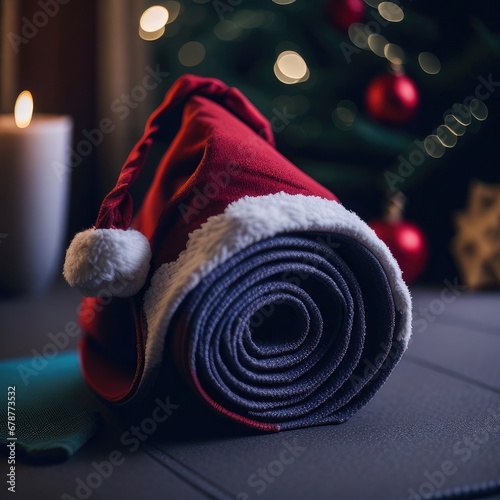 Close up of yoga mat with Santa Claus hat with home decorated for Christmas, New Year. Healthy lifestyle, weight loss.