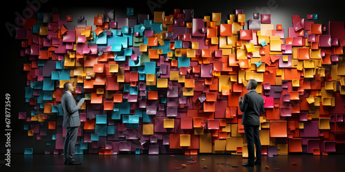 human and cute artificial intelligence putting colorful sticky notes on the wall