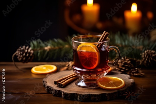 Festive Season's Traditional Beverage: Mulled Wine with Cinnamon and Orange Slices on a Wooden Table