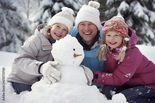 A Heartwarming Scene of a Family Building a Snowman Together on a Chilly Winter Day