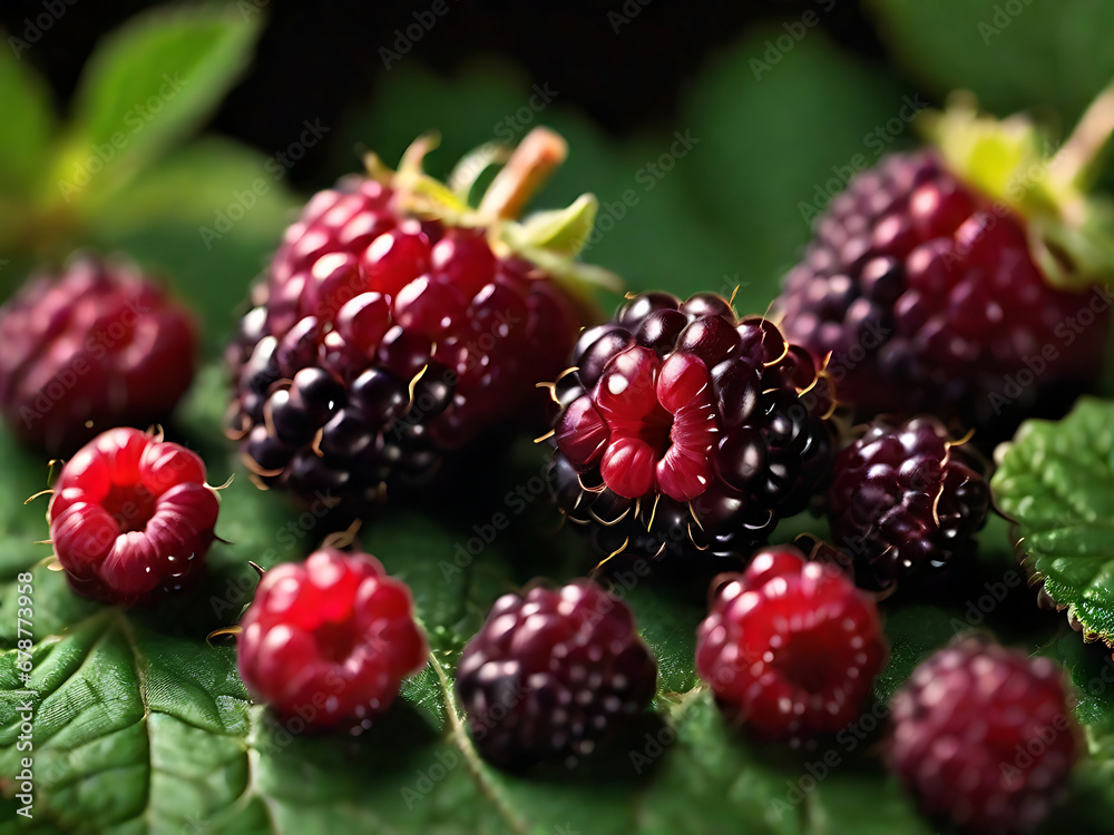Blackberries and raspberries on green leaves