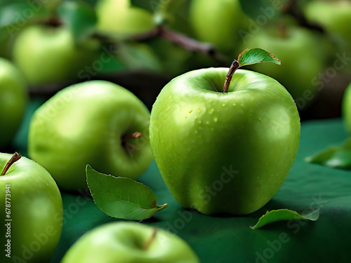 Green apple with water drops on green leaf, closeup